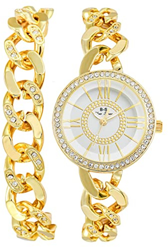 CdyBox Lady Diamond Watch Women Chain Link Watch Set Bracelet Model Quartz Wirstwatch Bracelet Set (Gold)