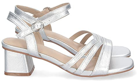 shoes&blues.es 74083 Sandalia de Tacon para Mujer, Comoda, Triple Pala Fina, Estampado Brillante, y Cierre de Hebilla en el Tobillo Plata Talla 41