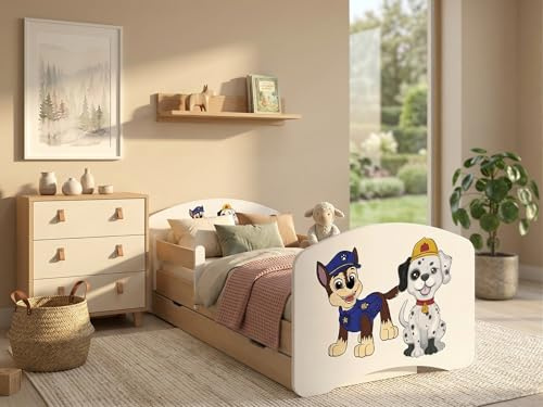 Happy Babies Bett für Kinderzimmer 80X 160 mit Schublade, Bett und Matratze für Mädchen, Kinderbett mit Schutz vor dem Herausfallen und Einer Schublade, Einzelbett, Hundemotiv, Junge - Weiss