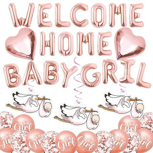 MQIAN Willkommen Zuhause Ballon-Set für Baby Mädchen - Rosa (Pink) - 31 Stück - BALLOON - Party Decoration - Babyparty - Kinder, Frauen - Eltern eines neugeborenen Mädchens, Familienmitglieder