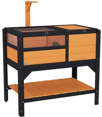 PawHut Niche à tortue avec étagère pour petits animaux domestiques en bois Jaune | Cachez l'abri et la course, support de lampe, plateau, intérieur, extérieur