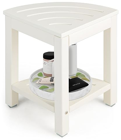 HOMASIS Eck Duschhocker mit 2 Ebenen, fächerförmiger Badehocker aus HDPE, Duschstuhl mit Entwässerungslöcher, Badestuhl belastbar zu 150 kg, 32,5 x 32,5 x 43,5 cm (Weiß)