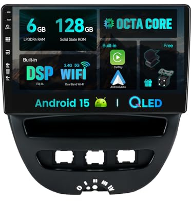 SXAUTO - 6G+128G - Android 15 IPS Autoradio für Toyota Aygo/Peugeot 107/Citroen C1 (2005-2014) - Eingebaut Carplay/Android Auto - Kamera + MIC - DAB Lenkradsteuerung Fast-boot 360-CAM -2 Din 10.1 Zoll