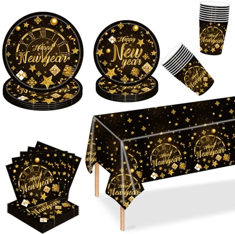 69PCS New Year Paper Tableware Set - 16 Guest Black Gold Xmas Tableware - Paper Plates, Cups, Napkins, Tablecloth - Christmas Dinner Table Decorations