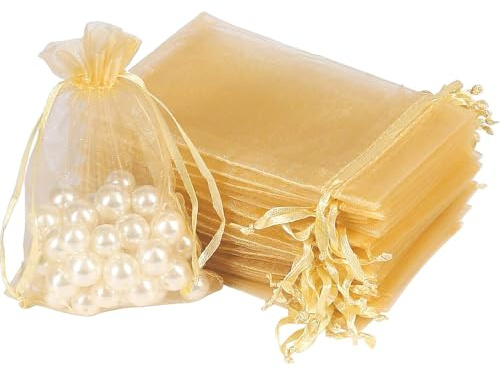 Organza Beutel Mit Kordelzug, 50 Stück 15 × 20 cm Geschenk Säckchen, Schmuckbeutel für Hochzeit Oder Fest Party (Golden)