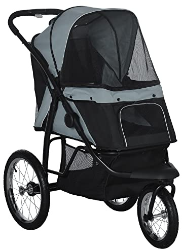 PawHut hundvagn hundvagn vikbar för hundar och katter upp till 20 kg kattvagn med terränggående gummihjul kudde nätfönster dörrar kattvagn med förvaringskorg buggy grå