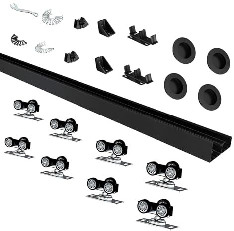 JUBEST 8FT/96 Bypass Door Hardware,Heavy Duty Aluminum Sliding Closet Door Hardware Set with Finger Pulls for 4 Doors System,Sturdiness and Smoothly,Easy to Insatll,Black