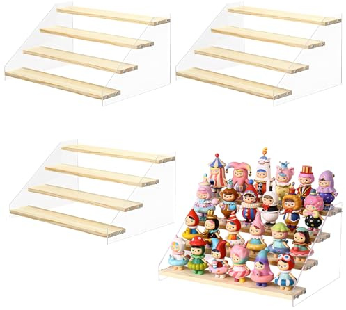 4 Pack Acrylic Wooden Display Stand, 4 Tier Clear Acrylic Display Riser Shelf Wood Tiered Display Shelf Rack Step Ladder Riser Stands for Cupcakes Perfumes Figures Collectibles (30.5 cm x 1)