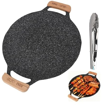 Tissting Koreanische BBQ Grillpfanne 36cm Runde Antihaft Grillplatte, Outdoor Camping Tragbare BBQ Grill Pfanne mit Holz Griff, Eisen Korea Teppanyaki Bratpfanne für Gaskocher(36cm)