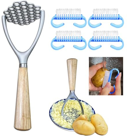 Kartoffelstampfer aus Edelstahl, 36 Löcher, doppelt gebogene Kanten, Küchenwerkzeug, Avocado-Zerkleinerer mit Holzgriff, Lebensmittelzerkleinerer