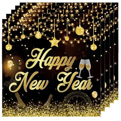20St Silvester Servietten, Happy New Year Servietten, Silvester Deko 2026 Papierservietten Schwarz Gold Neujahr Partyservietten Tischdeko Party Zubehör, 33x33cm