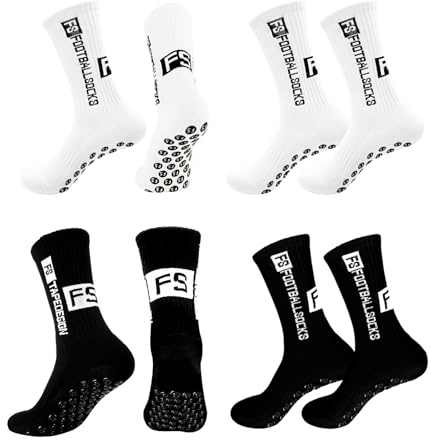 DYMHQ Calcetines antideslizantes para hombre, 4 pares, blanco y negro, talla 41-45, para fútbol, pantorrilla media, deportes al aire libre, running (Letras FS)