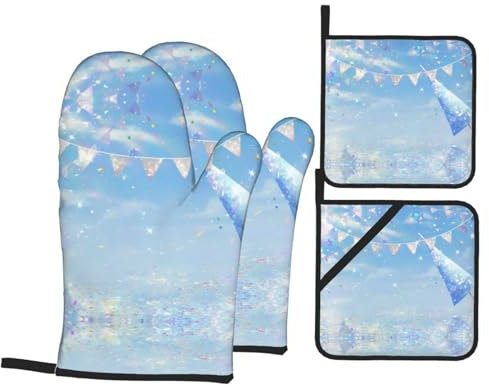 Set di guanti da forno e presine bianchi Sparkles Everywhere, resistenti e impermeabili, guanti da cucina perfetti e essenziali