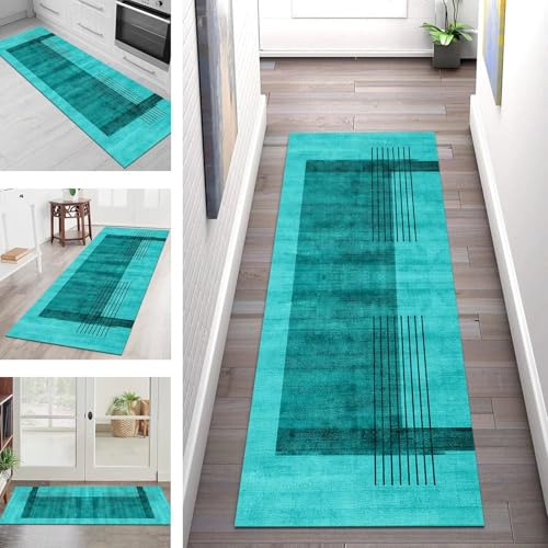 SGLGSTORE Teppich Läufer Lang Flur Küche Teppichläufer rutschfest Waschbar Küchenläufer Teppichmatten Türkis Schmutzfangmatte 100X250CM Meterware Flurteppich Wohnzimmer Schlafzimmer Küchenteppich