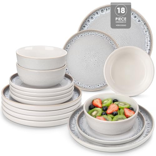 vancasso Série PLAYA Service de Table 6 Personnes, Vaisselle Complet 18 Pièces en Grès - 6 Assiettes Plates, 6 Assiettes à Dessert et 6 Bols - Adapté au Micro-Ondes, Glaçure Brun