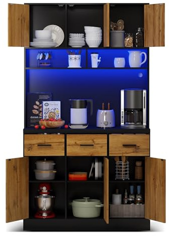 DRIXNO Multifunktionales Buffet mit LED-Beleuchtung mit Fernbedienung, Natürliche+Schwarz, Schubladen, Verstellbaren Einlegeböden, Kabelführungslöchern und Steckdosen, Küchen und Esszimmer