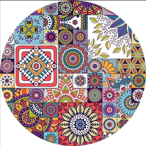 Tapis Rond en Vinyle-Imitation Carreaux de Ciment-Antidérapant Salon Salle de Bain Cuisine Sol-Épaisseur 0,6 Mm-Ensemble,100cm,3,120 * 120CM