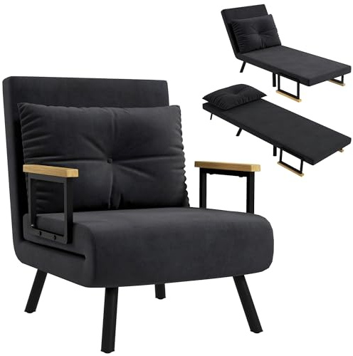 HOMCOM Omvandlig 1-sits Soffbordsstol, 3-i-1 Sängstol med Justerbart Ryggstöd i 5 Lägen, Kudde, Stoppad Sits, Stoff med Velour-look, Sängstol för Gäster, Vardagsrum, Kontor, Svart