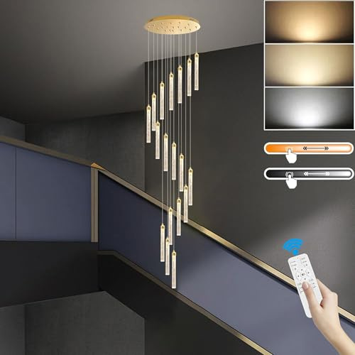 Jatwefiv Kristall Pendelleuchte Treppenhaus 3000–6500K Modern Kreativ Spiralförmig Lange Hängelampe mit Fernbedienung für Maisonette Wohnzimmer Villa Loft Treppen Hängeleuchte,108W/18Lights