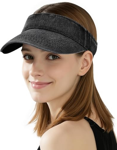 iNszkoos Men Women Denim Sun Visor Hat Classic Washed Cotton Sweatband Baseball Cap Long Peak UV Protection Summer Cool Hats for Sports Running Tennis Golf