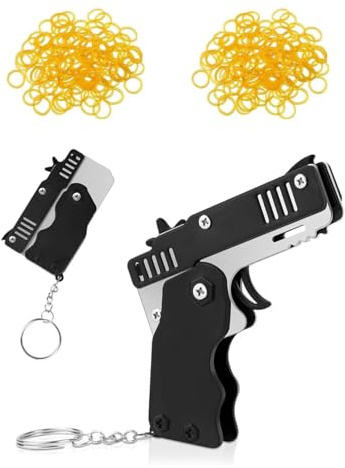 SCJJZ 2 Stück Metall Mini-Gummibandpistole, klappbar mit Schlüsselanhänger, inkl. 120 Gummibänder, faltbares Metall Zubehör für Erwachsene Outdoor Aktivitäten & Stressabbau