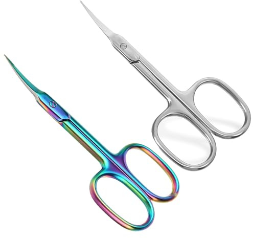 Stainless Steel Eyebrow Scissors- 2 Pcs Portable Fine Curved Cuticle & Manicure Scissors for Nails, Cuticle，Eyelashes, Beards (Silver & Colorful)