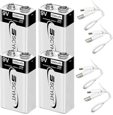 SSCYHT Batterie Li-ION 9 V Batterie Rechargeable USB 650 mAh Batteries Lithium pour détecteur de fumée 9 V Batteries carrées avec câble de Type C, Charge Rapide en 1 h,9v650mah 4pack