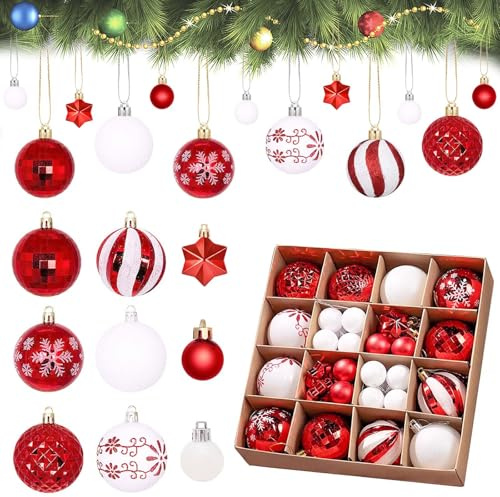 FZYCOM 44 Pieces Christmas Tree Decorations with Hooks & Lanyard, Christmas Hanging Baubles, BritishChristmas Tree Decorating Set, Red & White Ornaments Balls (3-6cm) for Trees, Party & Festive Decor