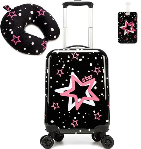 HTgroce 2-delat set med barnväska, handbagage för barn med nackkudde och bagagetagg, flickor, barn, miniresväska, resväska, hårt fodral, svart, 40 x 30 x 10 cm