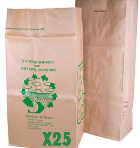 Sac Déchet Végétal Biodégradable | Lot Eco-Responsable de 25 Sacs Déchets Verts Jardin | Végétaux : Feuilles, Branches, Herbes, Organiques | Capacité 100L | Papier Kraft Très Résistant |