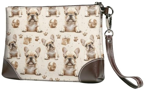 GVYGVY Petit sac à main pour femme – Portefeuille portable en cuir avec dragonne pour femme – Motif bouledogue français Marron