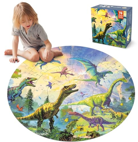 Funsland Kinderpuzzle ab 3, Dinosaurier Bodenpuzzle, 70 Teile, Rund 3-7 Jährige Kinder Puzzle Spielzeug, Puzzles für Jungen und Mädchen 8-10 Jahren Geburtstagsgeschenk