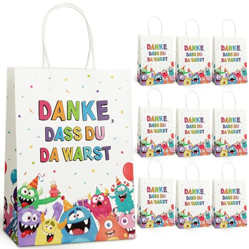 COMOOKA 10 Stück Geschenktüten Kindergeburtstag Monster 21x15x8cm Mitgebsel Tüten Papiertüten mit Henkel Geburtstagstüten Kinder Danke Geschenktaschen für Geburtstag Halloween Party