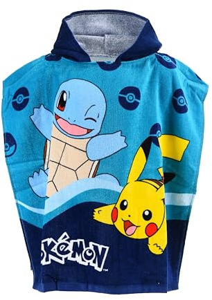 Pokemon Kinder-Badeponcho mit Kapuze, Pikachu und Squirtle Motiv, 100% Baumwolle, Blau, 55x110 cm, trocknen, Hallenbad, Strand, weich