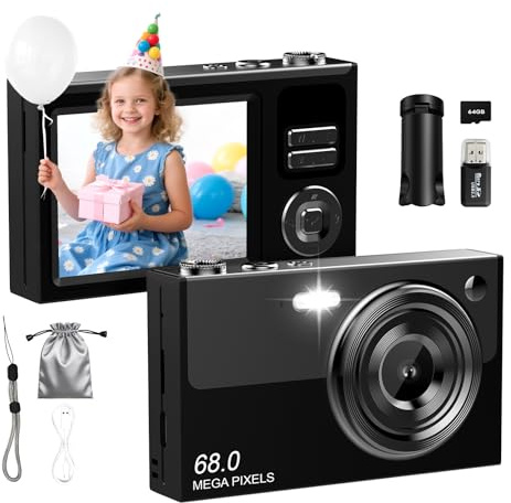Digitalkamera 4K 64MP Fotokamera 16X Digitalzoom Kamera, Vlogging Fotoapparat Kompaktkamera mit 2,8 LED Bildschirm, 64G Micro Speicherkarte, 1 Akku für Kinder Teenager Studenten Anfänger