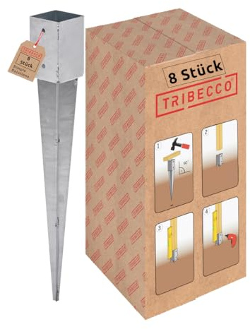 TRIBECCO Juego de 8 casquillos para suelo de impacto (91 x 91 x 900 mm, galvanizados en caliente, para postes de madera cuadrados, anclajes para vallas y postes de puertas (8, 91 x 91/900)