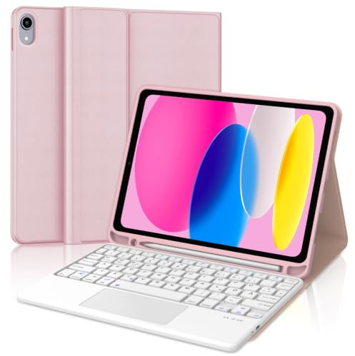 Funda teclado para iPad (A16) 11/10 generación (2025/2022) 11/10.9 pulgadas | Con trackpad magnético desmontable Bluetooth delgado teclado y funda suave TPU para oficina/estudio/escritura, color rosa