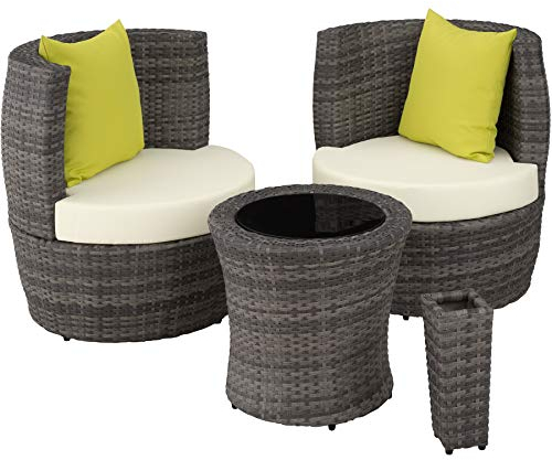 tectake® Rattan Set 2 Personen, Balkonmöbel, Gartenmöbel Set, Outdoor Sitzgruppe mit 2X Stuhl, 1x Beistelltisch rund, 1x Vase, platzsparend zusammenschiebbar, mit Polster und Kissen - grau