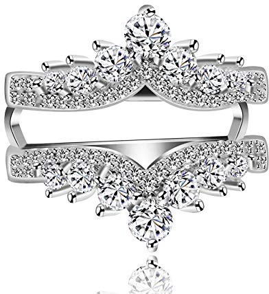 Uloveido Created Moissanite Crown Inspired Half Halo Wedding Ring Guard Enhancer Platinum Plated Engagement Ring (Size 7)