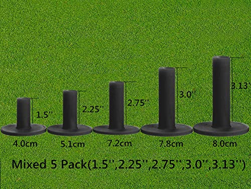 FINGER TEN Golf Tees Gummi Golf Tee Lang Kurz Range Golftees Wert Set of 5 Stück 80 76 70 57 38 mm, Flex Gemischte Größe oder 5 Gleiche Größe Für Driver Übungsmatte (Schwarz, 5 Stück Alles 1.5'')