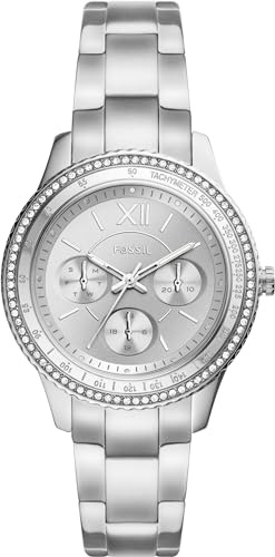 Fossil Damenuhr Stella Sport, Quarz-Multifunktionswerk, 37mm Silbernes Edelstahlgehäuse mit Edelstahlarmband, ES5108