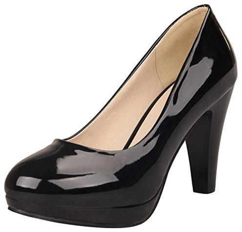 MJIASIAWA Damen Ohne Verschluss Closed Toe Kleid Höhe Ferse Plateau Pumps Buro Formal Lack Abend Mode Pumps Schwarz Gr 45 EU/47 Asiatisch