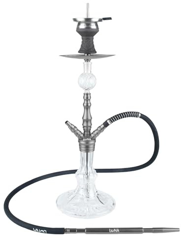 LUNA MINIMA Shisha Set Komplett 18/8er Schliff Anschlüsse Closed Chamber System | Zubehör inkl. Schlauch - Mundstück - Zange - Steinkopf - Kaminaufsatz - Molassefänger - Knickschutz | (Grau)