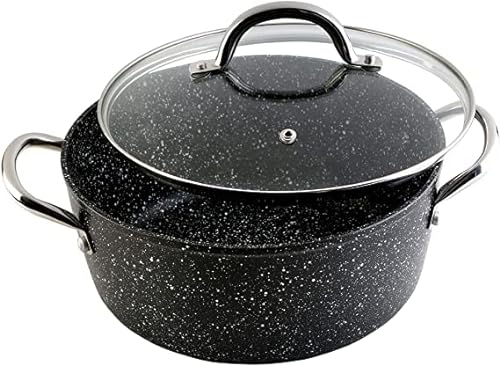 Wecook! Casseruola in alluminio Serie Granite, antiaderente effetto pietra, manico in acciaio, coperchio in vetro con pomolo, adatta all'induzione e a tutti i fornelli, diametro 24 cm. Cap. 4,2 litri.