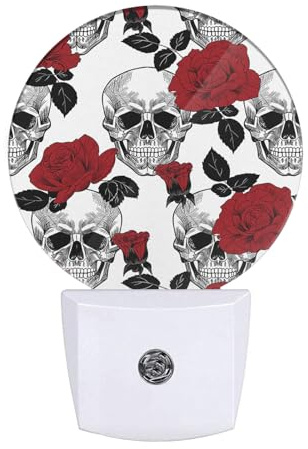 EKOBLA Halloween Decorative Night Light Red Rose and Skull Dead Head Vintage Night Lights Plug into Wall Dusk to Dawn Sensor for Men Women Boys Girls