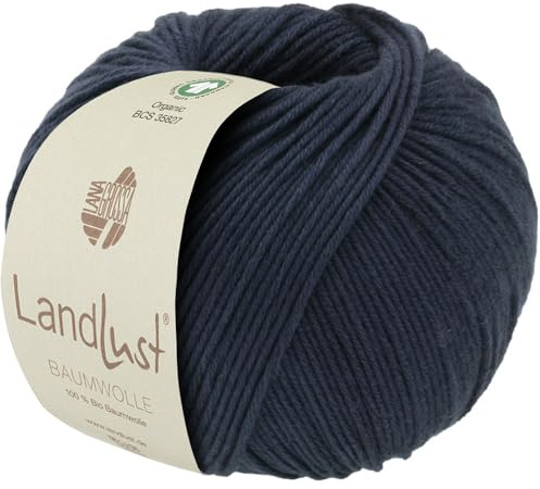 LANA GROSSA Landlust Baumwolle | Klassisches Bio-Baumwollgarn, Gots zertifiziert | Handstrickgarn aus 100% Baumwolle (Bio) | 50g Wolle zum Stricken & Häkeln | 115m Garn FB 13 Nachtblau