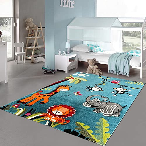 Teppich-Traum Kinderzimmerteppich mit Zootieren 3D-Effekt Konturenschnitt in blau bunt Größe 120 x 170 cm