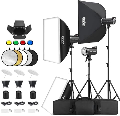 Godox 3 Pack SK400IIV 1200W Studio Strobe Flash Kit, 400W Bowens Mount Monolight, 24”x36” Softbox, 110 Light Stand, Umbrella, Barn Door,Carrying Case for Video Shooting,Prodoct, Portrait Photography