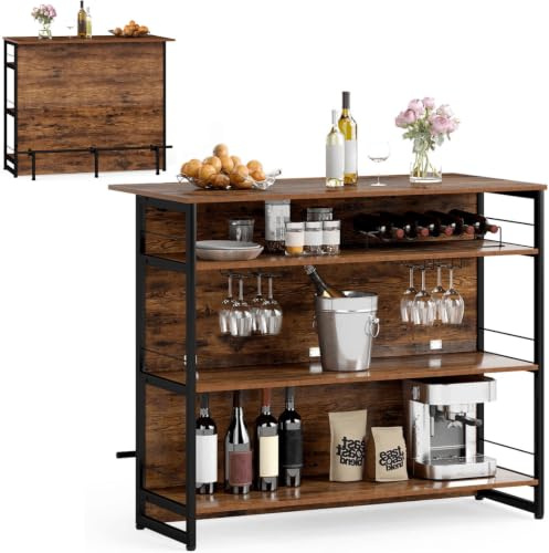 TANGZON 2 in 1 Kitchen Island, Industrial 4-Tier Bar Table with Storage Shelves, Wine Rack, Glass Holders & Footrests, Metal Frame Counter Home Bar Unit Wine Cabinet (Rustic Brown)