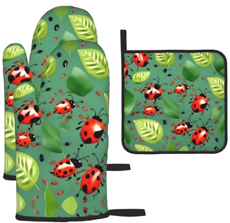 Lot de 3 maniques et maniques à motif feuilles et coccinelles - Résistants à la chaleur - Pour la cuisine et le barbecue